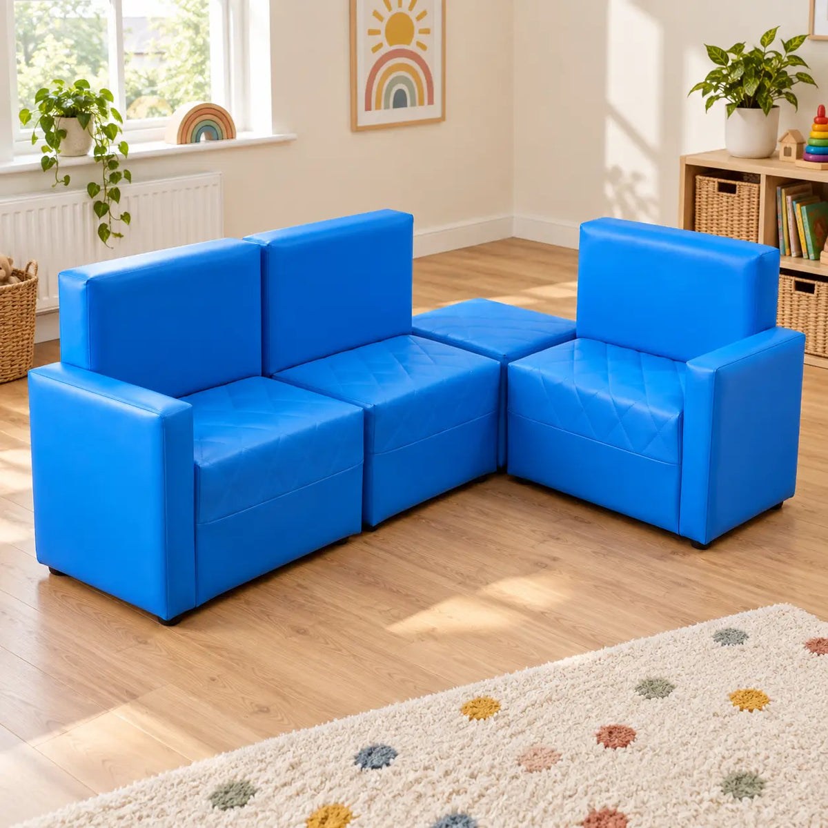 Blue PVC Reading Corner Sofas in a family home playroom