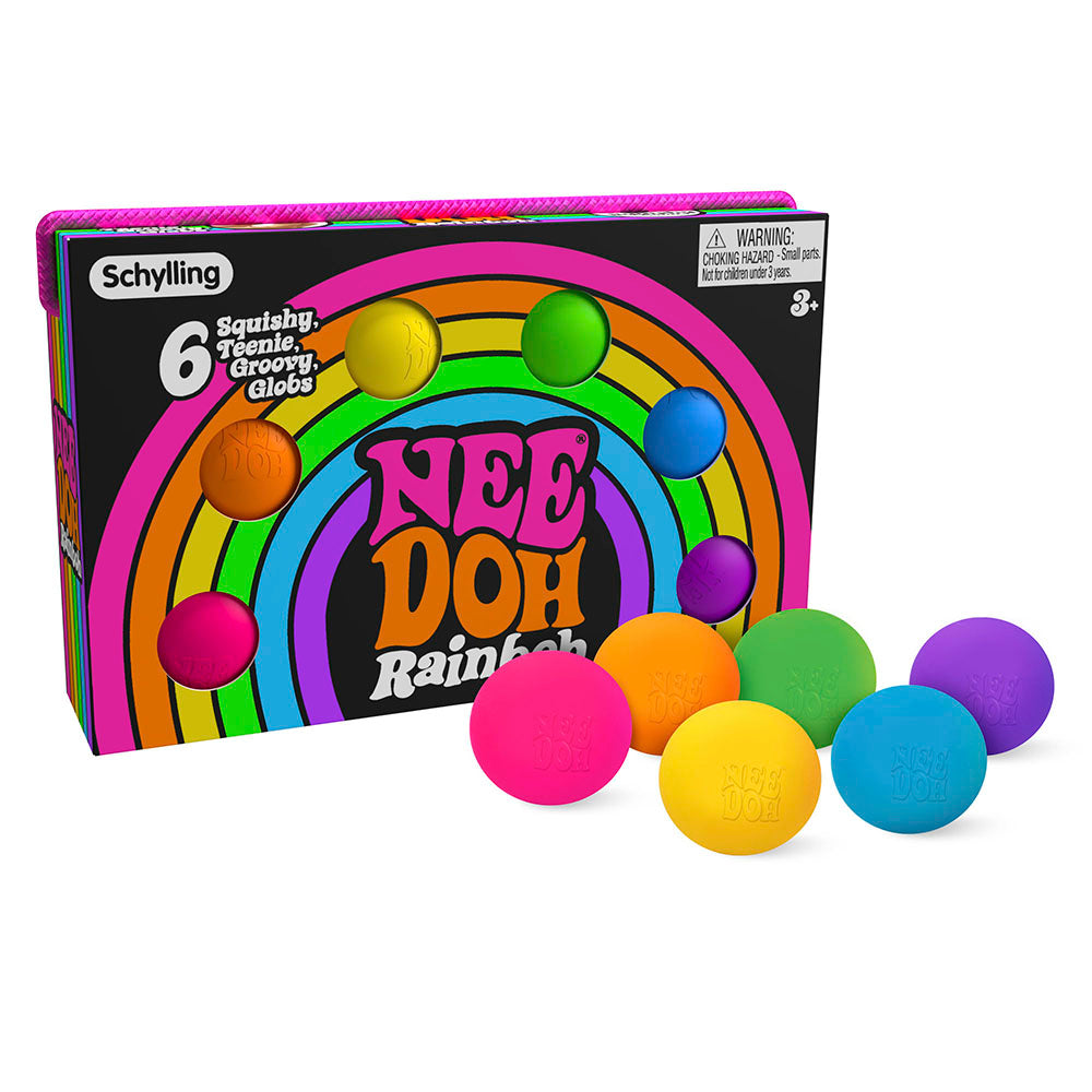 Rainboh Teenie Needoh, Paint the rainbow with these little groovy globs! Schylling’s Rainboh Teenie NeeDoh is just like the Classic NeeDoh but in miniature. The pack comes with six NeeDoh stress balls in pink, orange, yellow, green, blue and purple. These Rainboh Teenie Needoh stress toys are helpful for children with ADD, ADHD, OCD, autism and anxiety. They are made from a non-toxic, dough-like material that always bounces back to its original shape. Ideal for on the go fidget toy fun. Teenie Nee Doh helps
