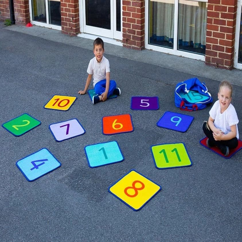 Rainbow 1-24 Numbers Mini Mat Squares & Holdall, Brightly coloured 1 to 24 number mini mats,great for basic group numeracy skills. The Rainbow 1-24 Numbers Mini Mat Squares & Holdall set features distinctive and brightly coloured, child friendly designs designed to encourage learning through interaction and play. Crease resistant with unique outdoor Rhombus™ anti-skid Dura-Latex™ safety backing. Abrasion resistant, laboratory rub tested to heavy duty standards. Tightly bound edges to prevent fraying. Meets 