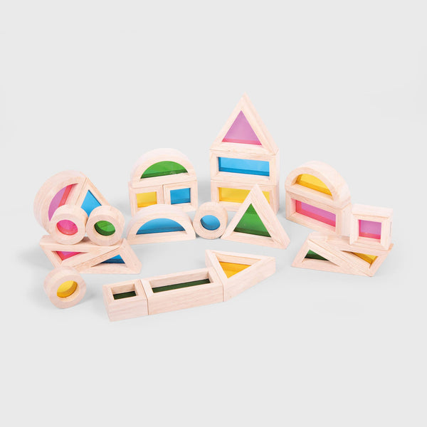Rainbow Blocks Pack of 24, The TickiT Rainbow Block Set has 24 rubber wood blocks in 6 shapes and with 4 different transparent coloured acrylic inserts for building, comparing, shape recognition, colour mixing and for use on a light box. The TickiT Rainbow Block Set is a great resource for energetic primary schools and nurseries and within the home. Our TickiT Rainbow Block Set are a colourful wonder to behold. The TickiT Rainbow Block Set is designed as part of our sensory collection, each Rainbow block is