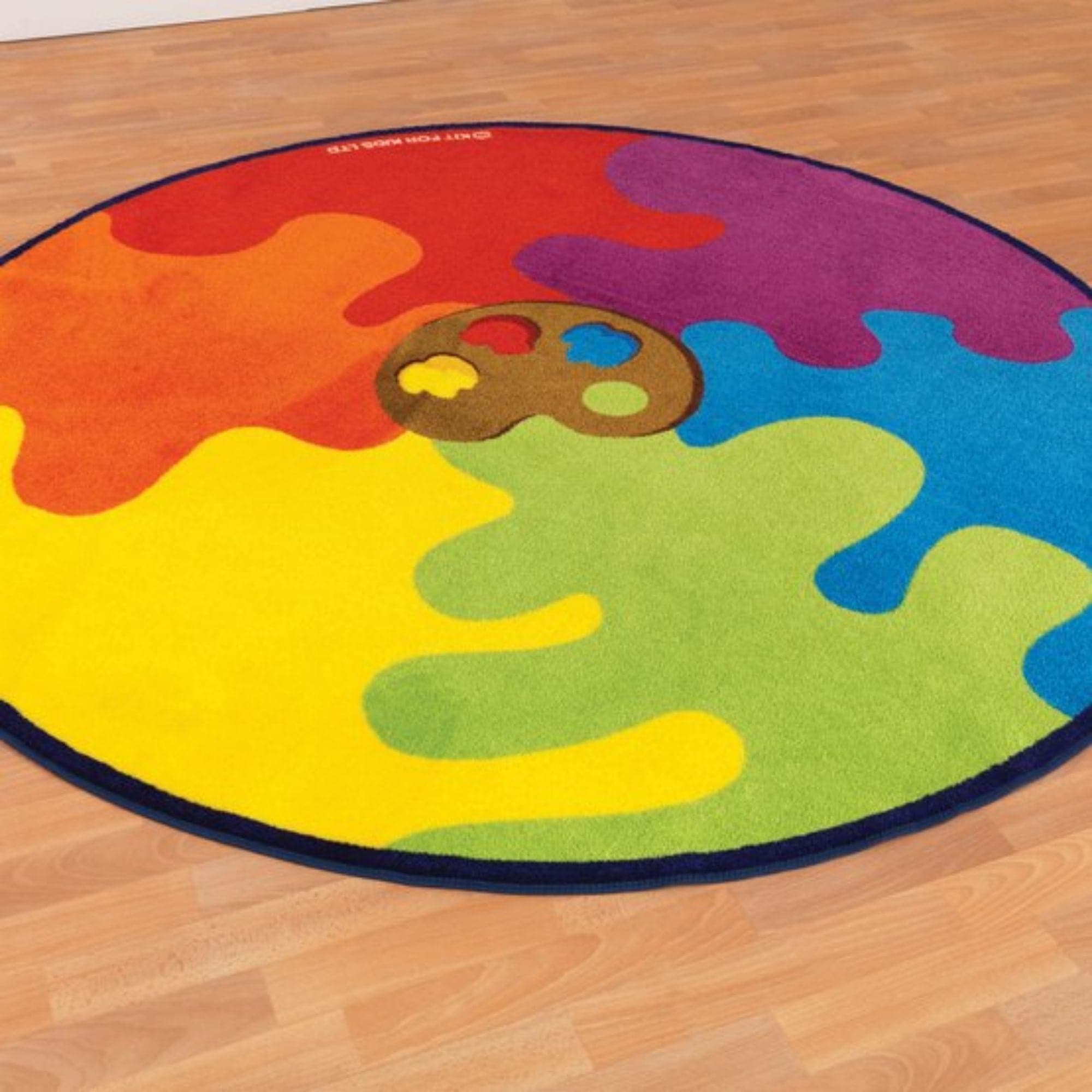 Rainbow Colour Palette Carpet, This vibrant Decorative Rainbow Colour Palette Carpet will brighten up any indoor classroom space. The Rainbow Colour Palette Carpet will develop children's knowledge of primary and secondary colours. The Rainbow Colour Palette Carpet is Ideal for rest and reading activities. Also a great and functional carpet to brighten up any classroom. The Rainbow Colour Palette Carpet is a functional carpet made with heavy duty tuf-pile, with anti slip backing to ensure safety on differen