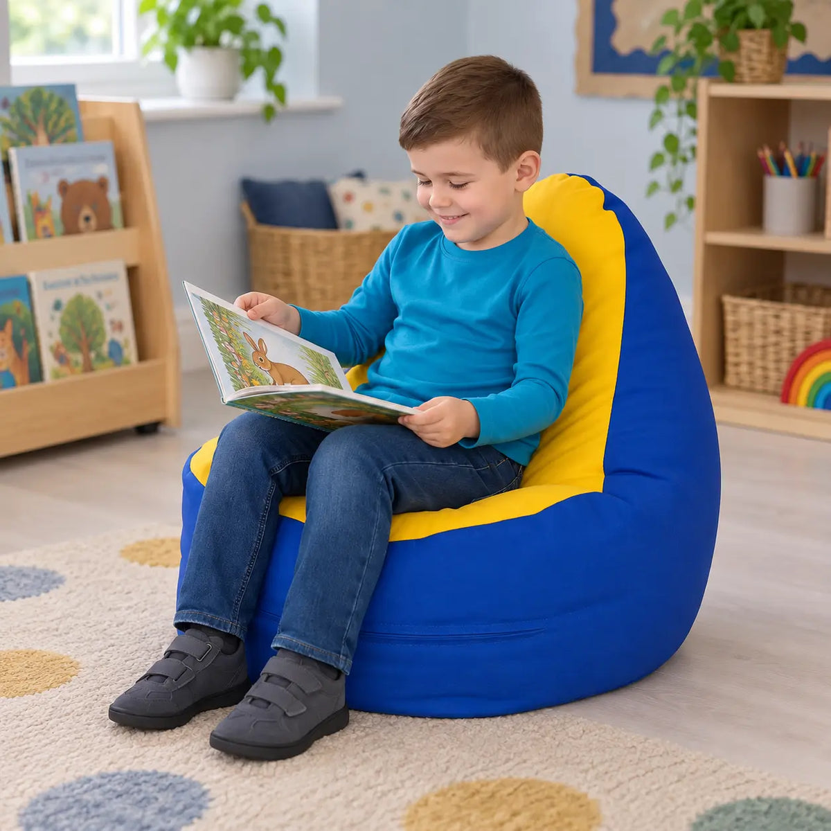Rainbow Easy Clean Bean Bag Chair with child reading in reception