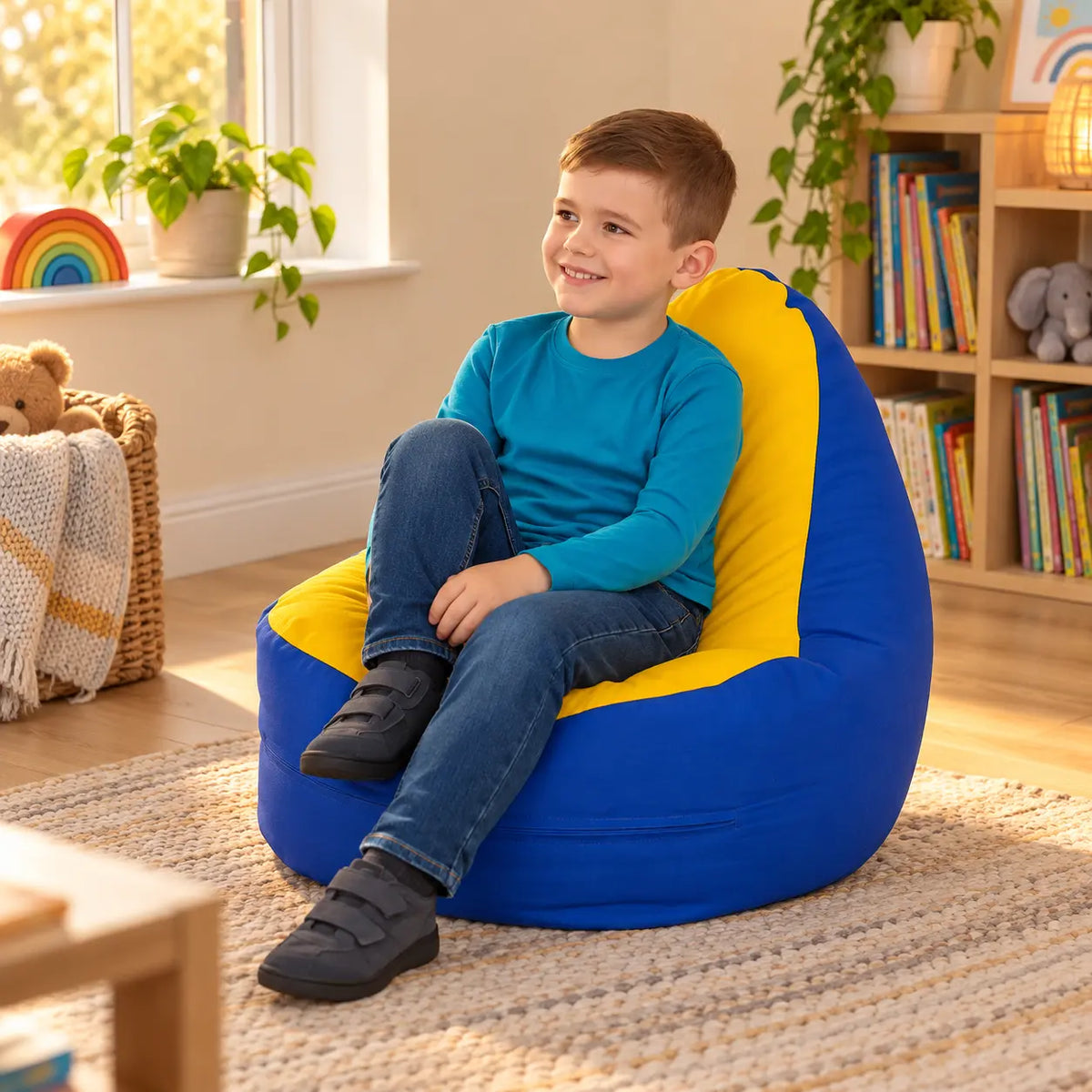 Rainbow Easy Clean Bean Bag Chair with child in a home reading nook