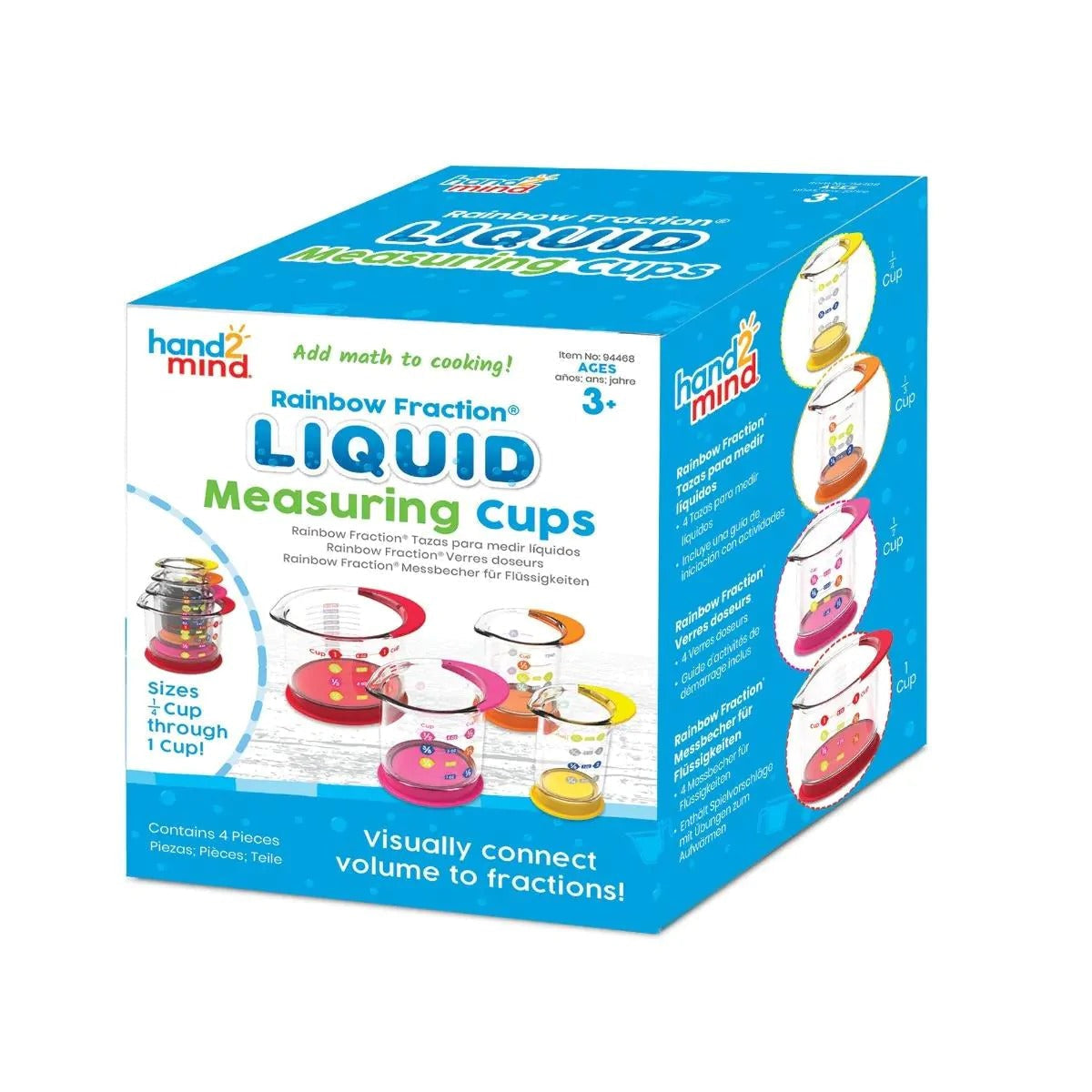 Rainbow Fraction Liquid Measuring Cups, Make learning to measure easy and fun with the Rainbow Fraction Liquid Measuring Cups. These colorful, food-safe, dishwasher-safe, liquid measuring cups provide a hands-on way for children to learn measurement concepts such as volume, capacity, and fractions while cooking or engaging in imaginative play.Plus these Rainbow Fraction Liquid Measuring Cups have a nesting design meaning they make learning to measure easy and fun Highlights of the Rainbow Fraction Liquid Me