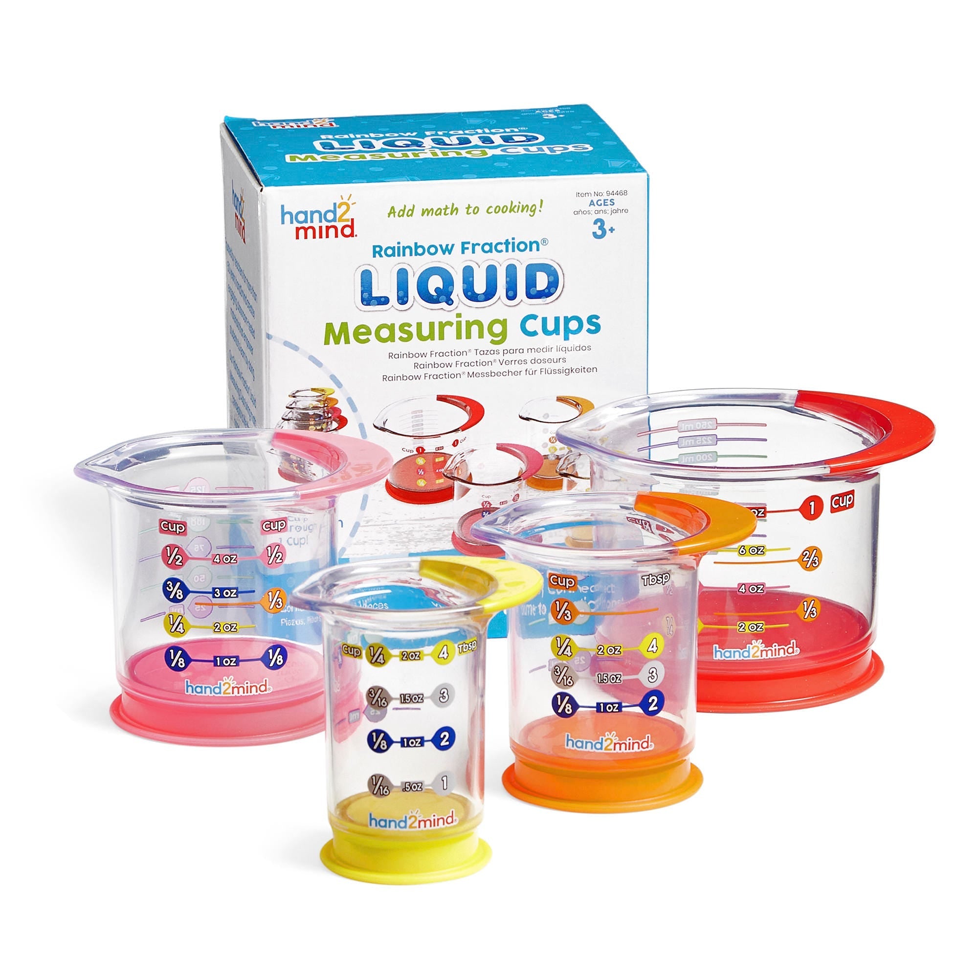 Rainbow Fraction Liquid Measuring Cups, Make learning to measure easy and fun with the Rainbow Fraction Liquid Measuring Cups. These colorful, food-safe, dishwasher-safe, liquid measuring cups provide a hands-on way for children to learn measurement concepts such as volume, capacity, and fractions while cooking or engaging in imaginative play.Plus these Rainbow Fraction Liquid Measuring Cups have a nesting design meaning they make learning to measure easy and fun Highlights of the Rainbow Fraction Liquid Me