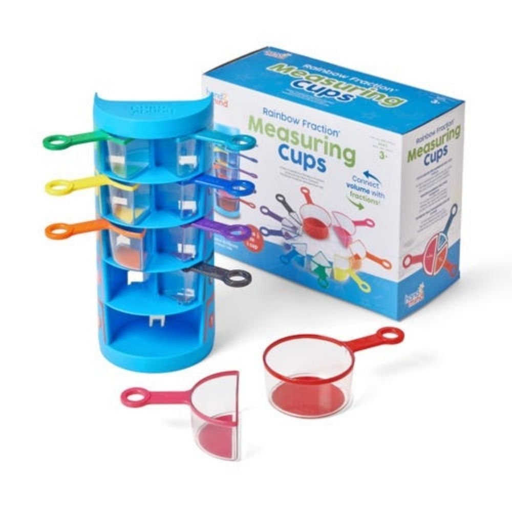 Rainbow Fraction Measuring Cups, Rainbow Fraction® Measuring Cups are ideal for learning about fractions, fraction relationships, volume, and capacity. They’re a colourful, 3D way for hands-on maths learning. The base of each cup is colour-coded with the Rainbow Fraction Teaching System, and the transparent sides let kids see inside when they fill the cups with water or dry materials such as uncooked rice. The whole, ½, 1/3, ¼, 1/5, 1/6, 1/8/ 1/10 and 1/12 cups stow neatly and securely inside the plastic ba