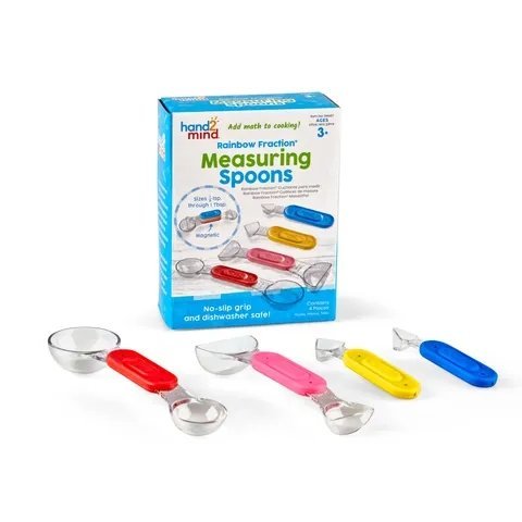 Rainbow Fraction Measuring Spoons, The Rainbow Fraction Measuring Spoons are a delightful and educational set designed to make learning about measurements and fractions fun and interactive. These spoons are an ideal tool for children to understand volume, capacity, and fractions, especially when engaged in cooking activities or playful learning. They are colorful, food-safe, and dishwasher-safe, allowing for worry-free, messy play. Rainbow Fraction Measuring Spoons Features: Vibrant Colours: Each spoon is v