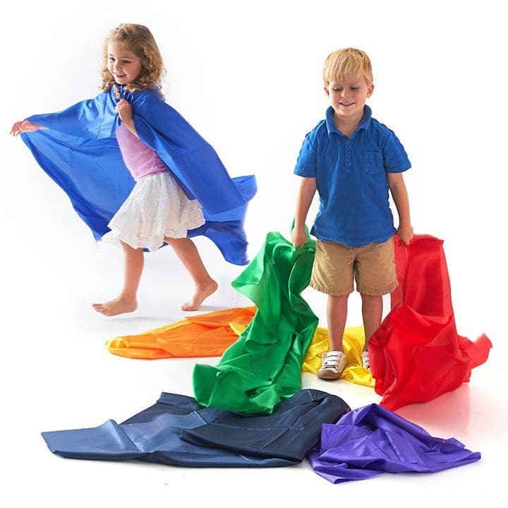 Rainbow Habutae Fabric Pack of 7, The Rainbow Habutae Fabric Pack of 7 contains large pieces of material great for loose parts play, dress up, creating invitations to play and or use in treasure baskets and sensory areas! This Rainbow Habutae Fabric material is brightly coloured and feels silky to the touch and will brighten up any play time! Create a sensory rainbow with our TickiT® Rainbow Habutae Fabric Pack! Tactile one-metre lengths of silky fabric in seven bright colours. Children will love twirling a