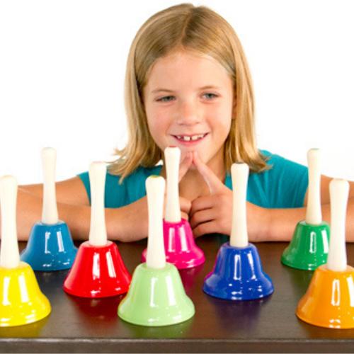 Rainbow hand bells, A set of eight durable metal Rainbow hand bells, each bell ringing a different musical note. The enclosed song sheet gives directions to play four popular nursery rhymes using colour-coded instructions on which Rainbow hand bells to ring and when. A single player could learn with practice, or a group could be given a Rainbow hand bell or two each with a 'conductor' indicating whose turn to play - or creating musical mayhem! Colour coded bells Each bell plays a different note Song sheet w