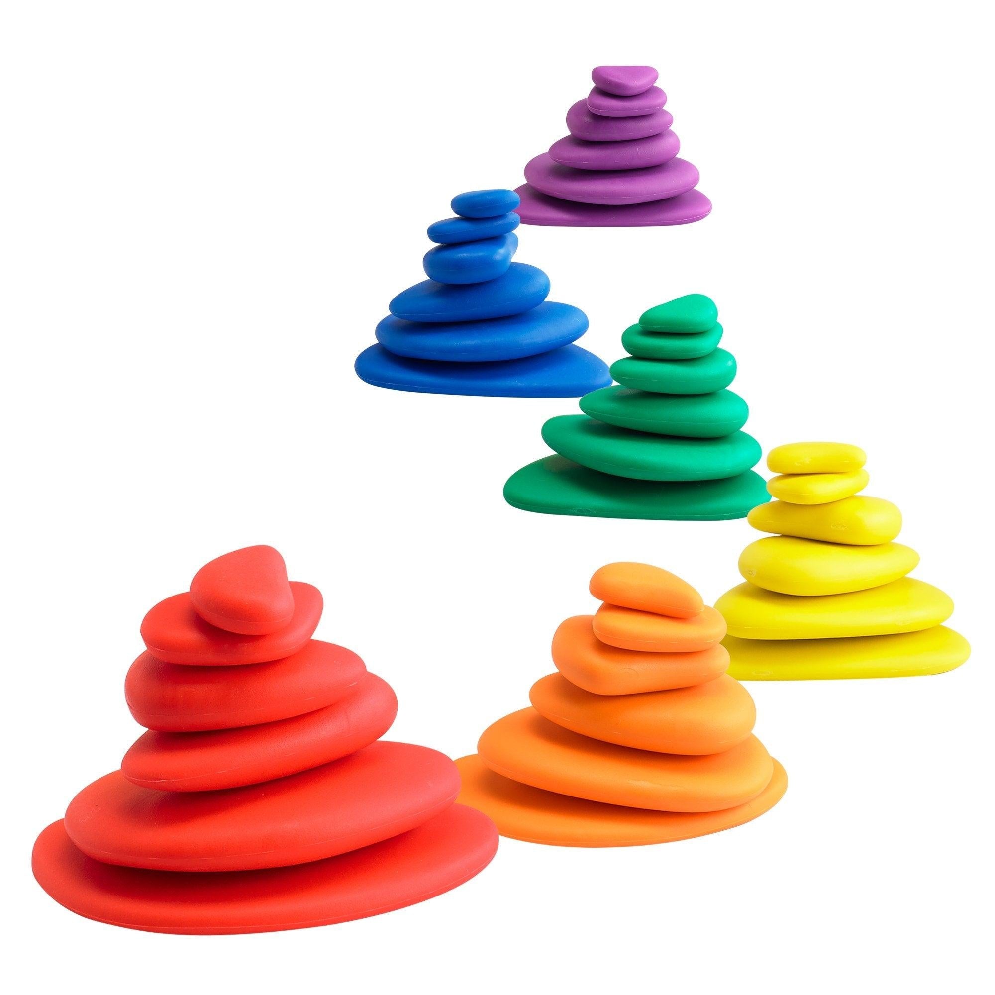 Rainbow Pebbles, The edx education Rainbow Pebbles are fantastic for children to play, learn and get creative! These safe, smooth and tactile pebbles will spark your child's curiosity and encourage them to use their imagination to develop unique and interesting ways to incorporate them into play. Their odd shape makes them wobble when stacked, creating an extra challenge for young learners, and developing fine motor skills. Their rainbow colours and tangible texture make them ideal sensory toys for children