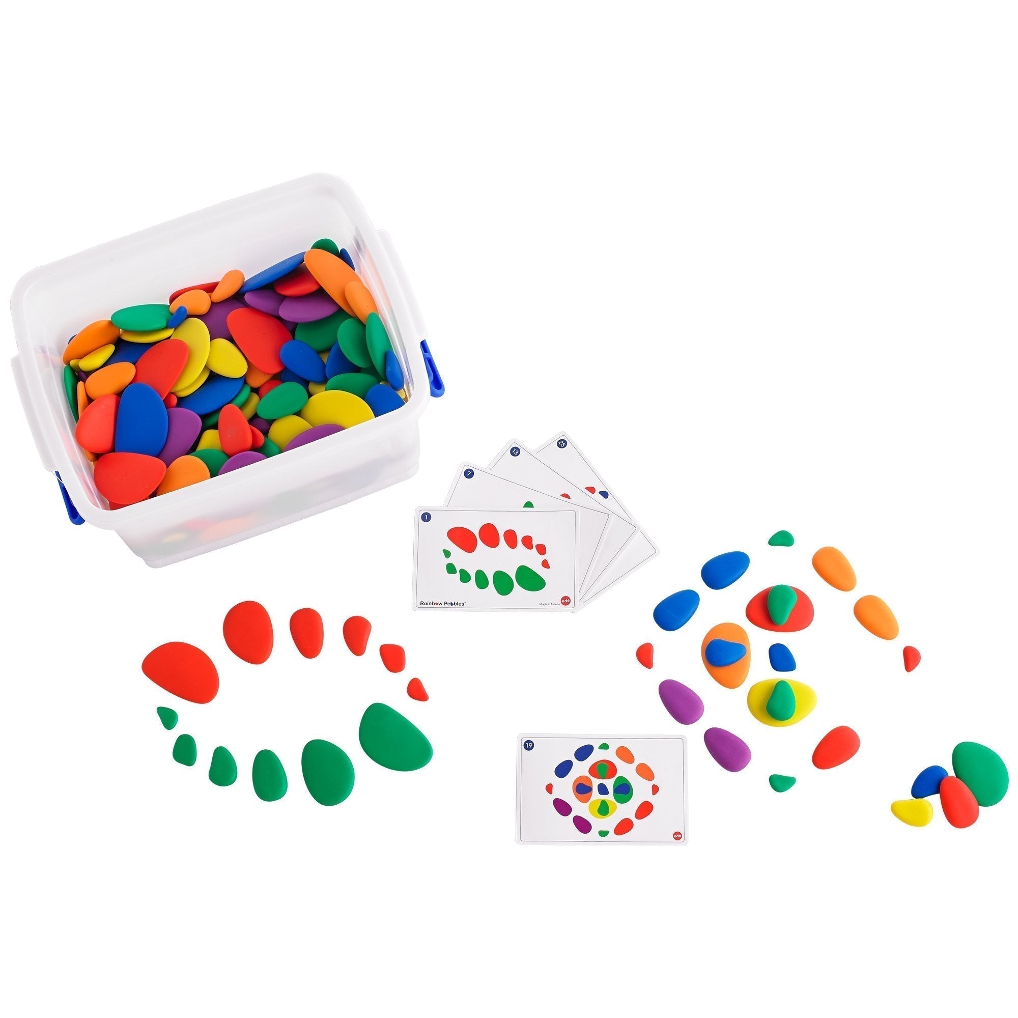 Rainbow Pebbles® Classroom Set, The edx education® Rainbow Pebbles® Classroom Set is fantastic for children to play, learn and get creative! These safe, smooth and tactile pebbles will spark your child's curiosity and encourage them to use their imagination to develop unique and interesting ways to incorporate them into play. Their odd shape makes them wobble when stacked, creating an extra challenge for young learners, and developing fine motor skills. Their rainbow colours and tangible texture make them i