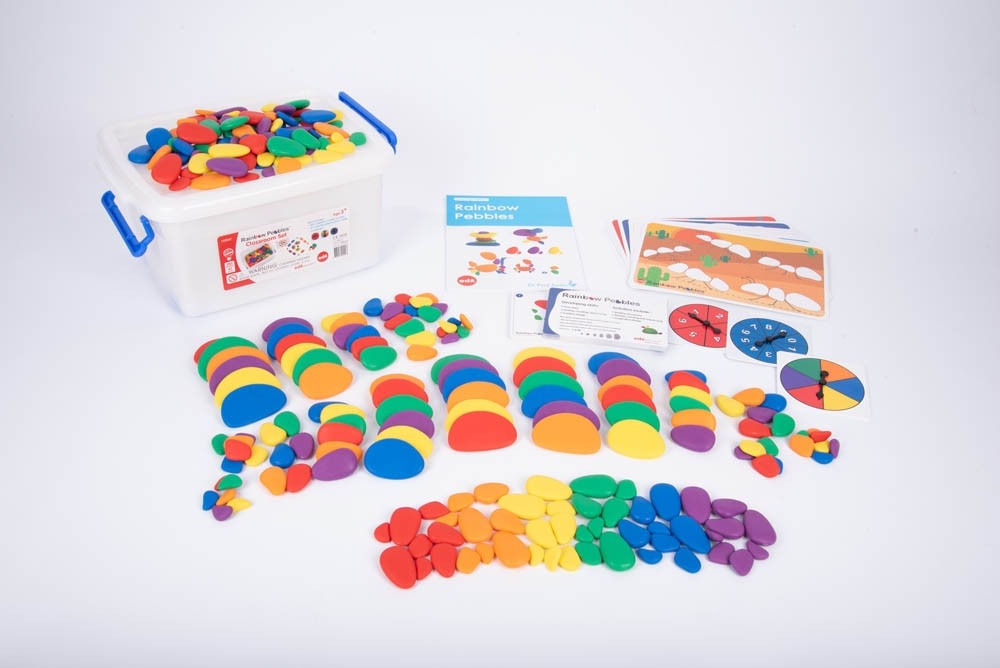 Rainbow Pebbles® Classroom Set, The edx education® Rainbow Pebbles® Classroom Set is fantastic for children to play, learn and get creative! These safe, smooth and tactile pebbles will spark your child's curiosity and encourage them to use their imagination to develop unique and interesting ways to incorporate them into play. Their odd shape makes them wobble when stacked, creating an extra challenge for young learners, and developing fine motor skills. Their rainbow colours and tangible texture make them i