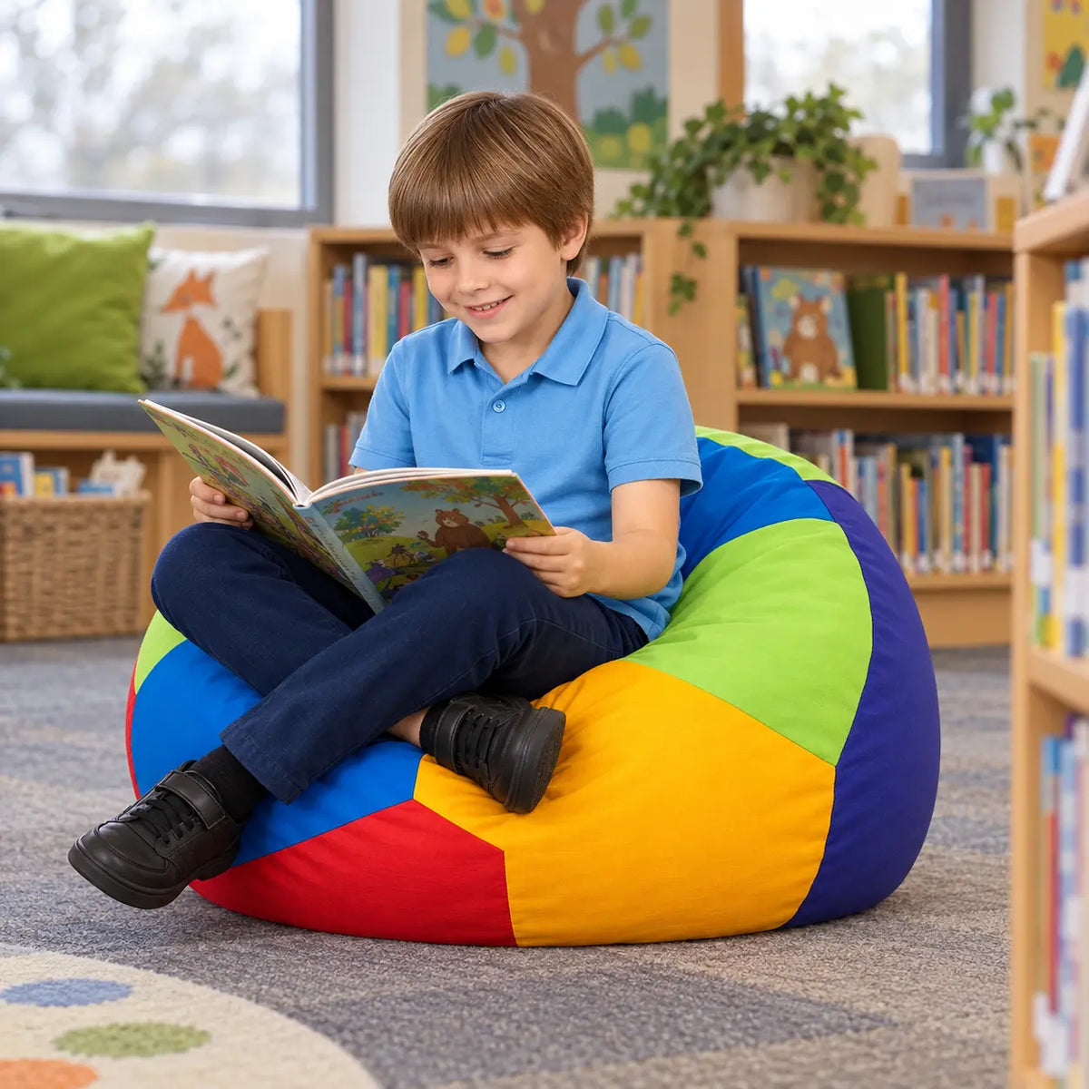 Rainbow Penta Bean Bag with child reading in a school library