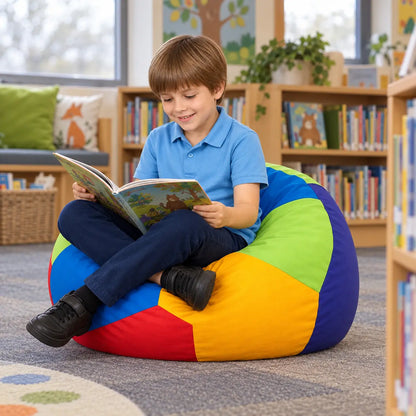 Rainbow Penta Bean Bag with child reading in a school library