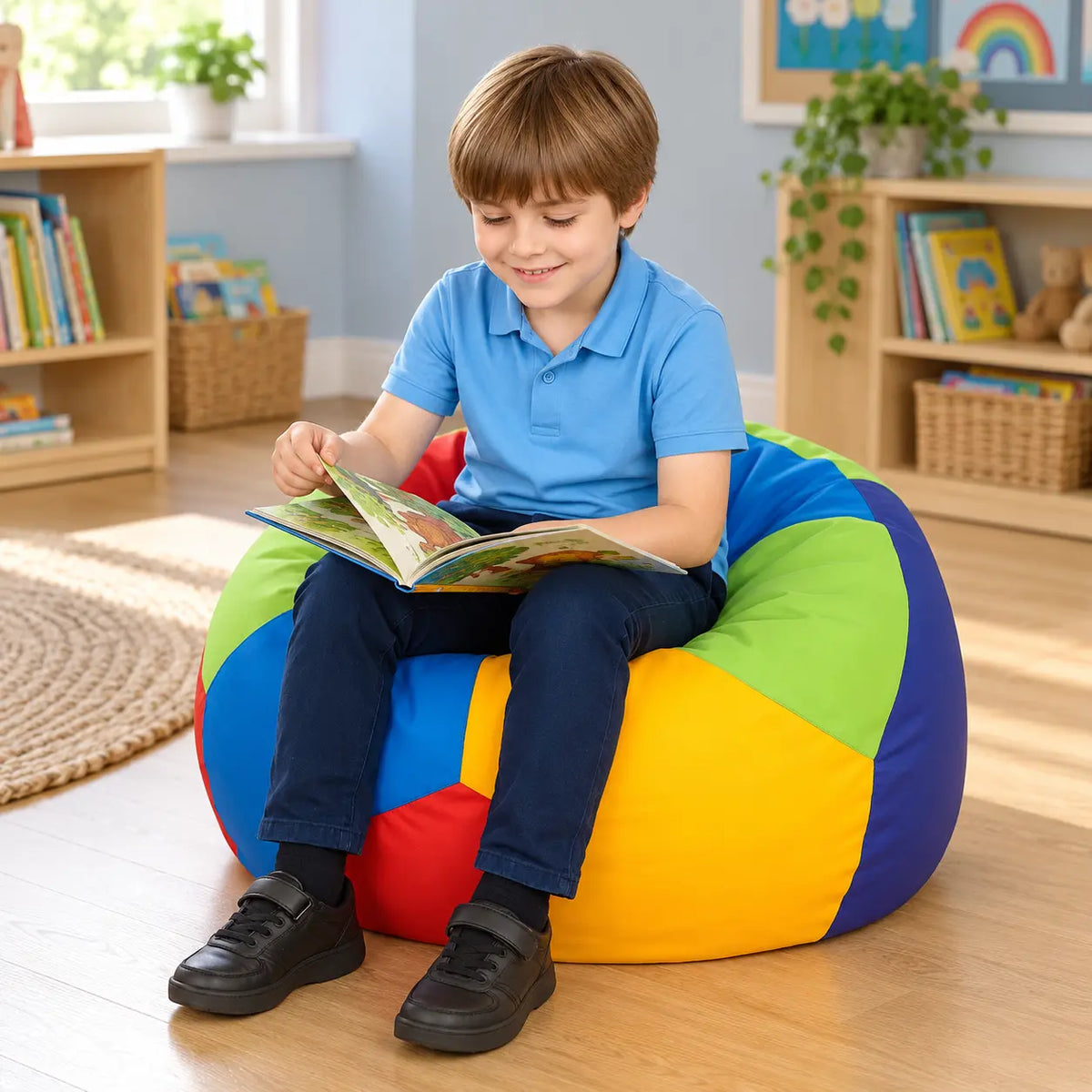 Rainbow Penta Bean Bag with child reading in reception