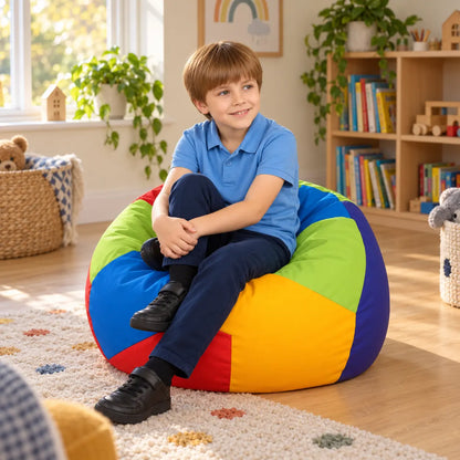 Rainbow Penta Bean Bag with child in a home reading nook