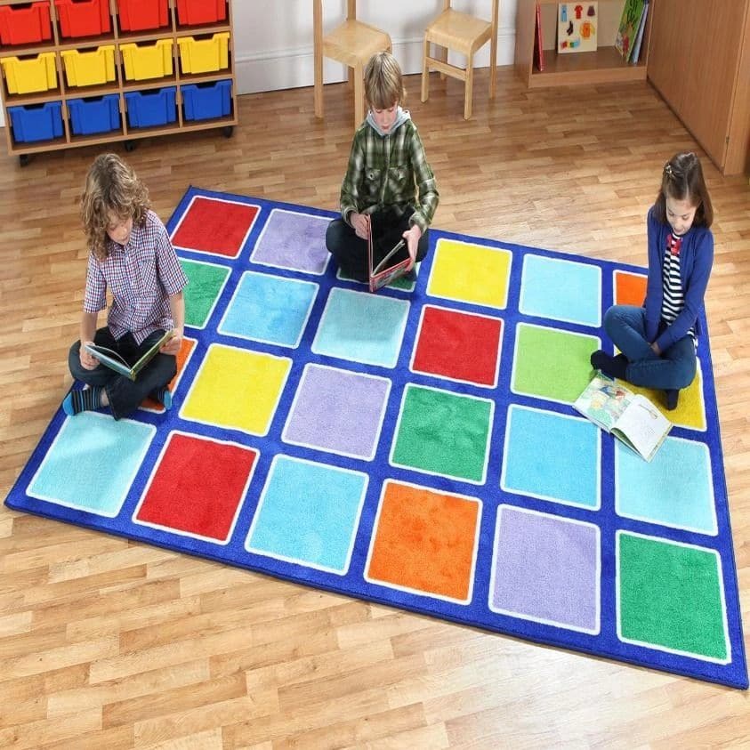 Rainbow Rectangle Placement Carpet, This highly colourful Rainbow Rectangle Placement Carpet measures 3 x 2m The Rainbow™ Rectangle Placement Carpet is great for reading areas or just a bright addition to the classroom or nursery environment.The Rainbow Rectangle Placement Carpet features 24 placement squares. Rainbow Rectangle Placement Carpet features: Distinctive and brightly coloured, child friendly designs Designed to encourage learning through interaction and play Crease resistant with unique Rhombus™