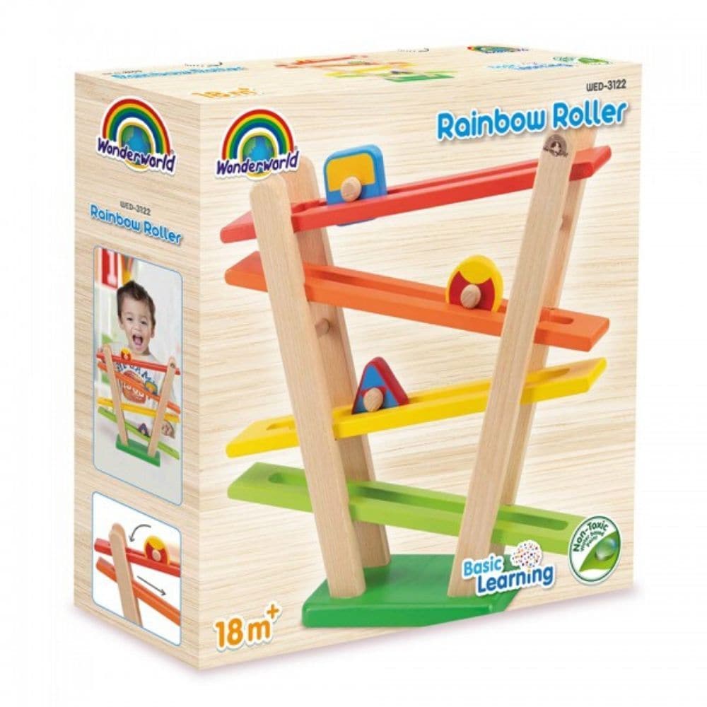 Rainbow Roller, Discover a world of vibrant colours and dynamic movements with the Rainbow Roller! Crafted from durable wood and brightly painted in multiple colours, this toy is not just eye-catching but also educational. It provides young children an engaging way to explore the concepts of cause and effect, motion, and shape recognition. The Rainbow Roller features an adjustable track, allowing for a variety of rolling experiences. By placing the three differently shaped wheels at the top, children can wa