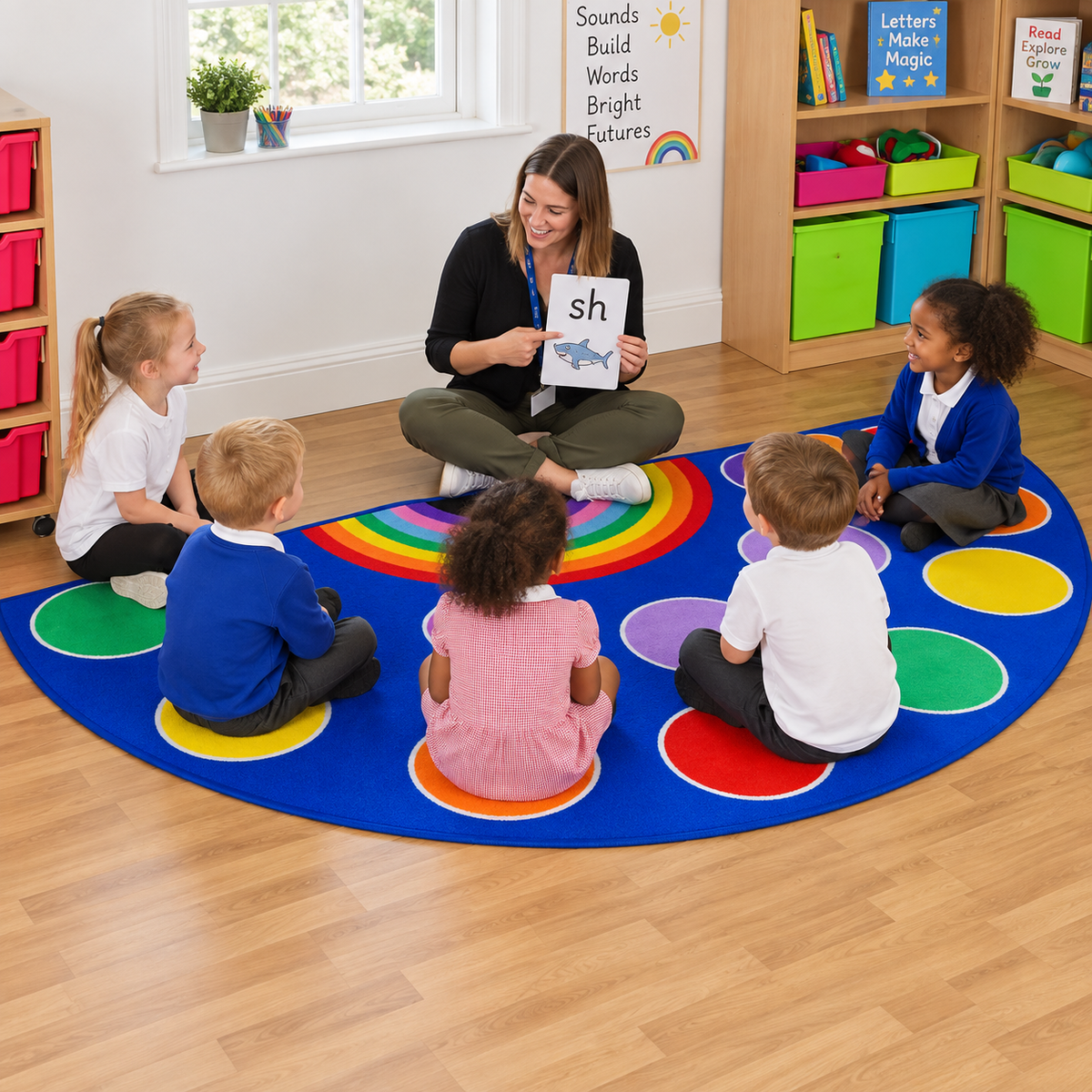 Rainbow Semi Circle Classroom Carpet lifestyle image 2 of 8 — in use with children