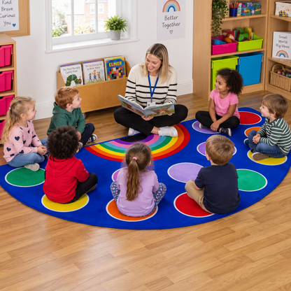 Rainbow Semi Circle Classroom Carpet lifestyle image 3 of 8 — in use with children