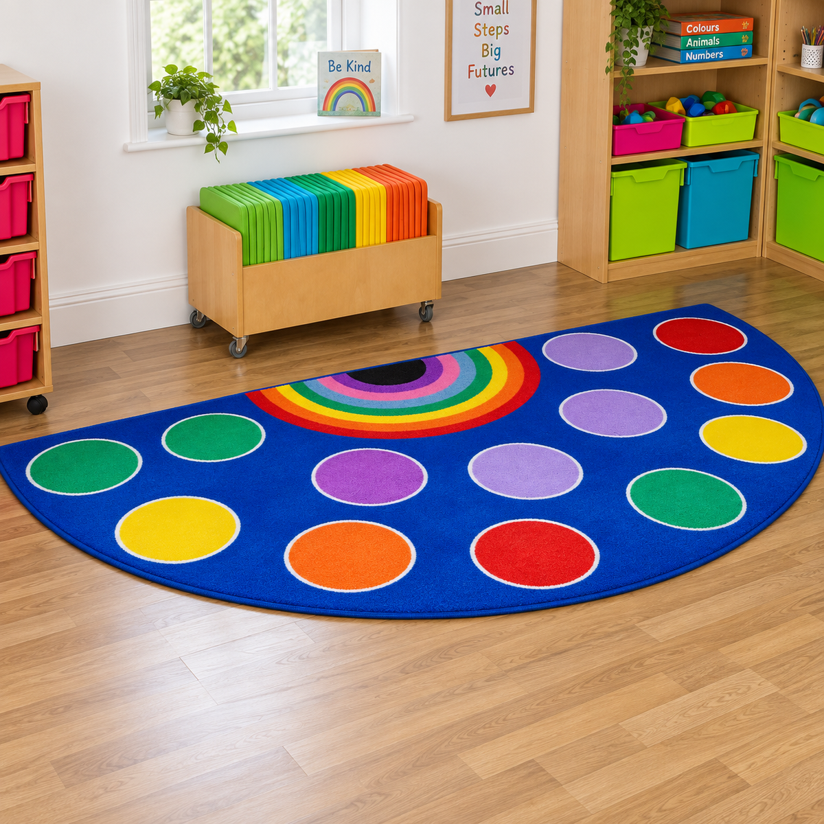 Rainbow Semi Circle Classroom Carpet lifestyle image 7 of 8 — shown without children