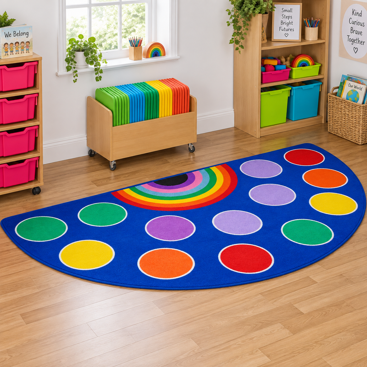 Rainbow Semi Circle Classroom Carpet lifestyle image 8 of 8 — shown without children