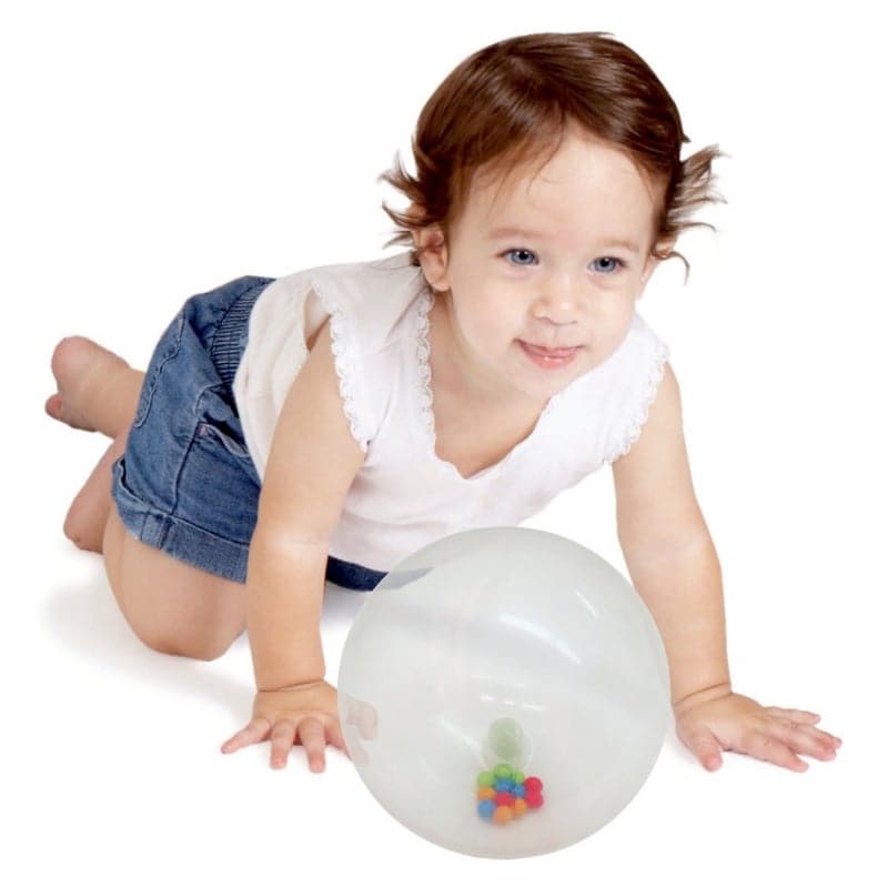 Rainbow soft ball, There's only one thing better than bouncing, and that's rolling. The only thing better than rolling is bouncing! This soft Rainbow soft ball with the 24 colourful beads inside is the perfect baby and toddler toy-and Mom and Dad will love playing with their little ones, too! Bounce the Rainbow soft ball and the beads dance around like confetti! The Rainbow soft ball is perfect for learning to share, to co-play, and to strengthen gross motor skills, and hand-eye coordination! But really, yo