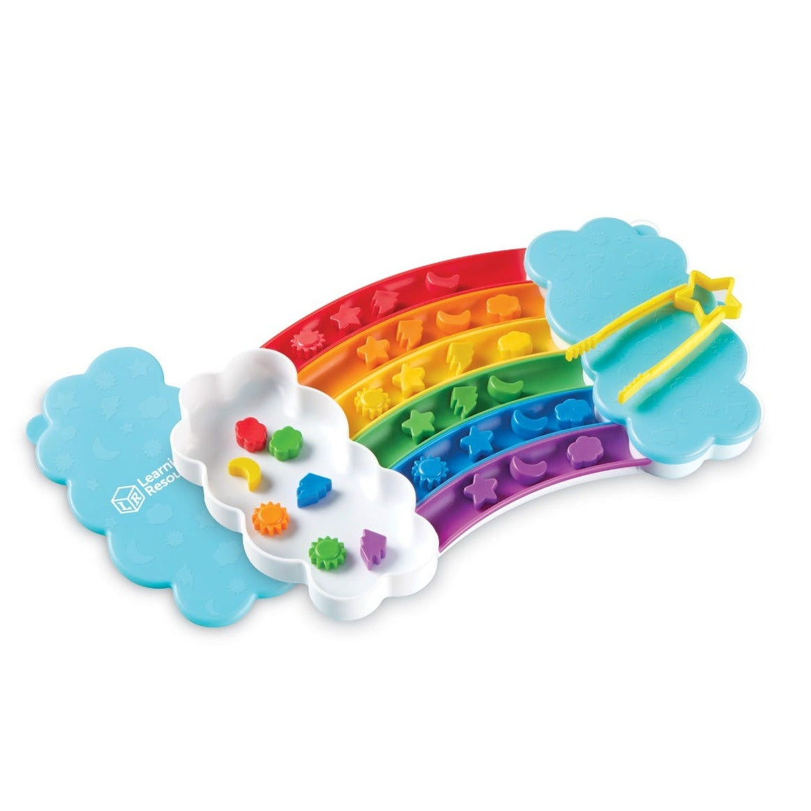 Rainbow Sorting Set, Kids learn a rainbow of sorting, patterning, and early addition skills with the vibrant Rainbow Sorting Tray preschool learning toy. As children use the fine motor tongs to pick up the 30 counters in 6 colours (red, orange, yellow, green, blue and purple) in 5 shapes (sun, star, moon, lightning bolt and cloud), they build fine motor skills, colour and shape recognition, and sorting and patterning skills. The assembled tray is complete with 2 cloud-shaped storage areas with lids, and all