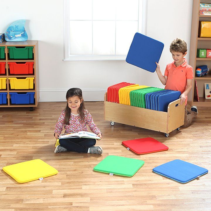 Rainbow Square Cushions and Tuf 2 Trolley Set of 32, The Rainbow Square Cushions and Tuf 2 Trolley Set of 32 contains brightly coloured soft square cushions recommended for floor seating and group placement.The Rainbow Square Cushions and Tuf 2 Trolley Set of 32 allows the placement squares to be stored away with ease when not in use. Brightly coloured soft square mats suitable for indoor and outdoor use with handy storage trolley. Set of 32 versatile mats which are suitable for indoor and outdoor use. Mats
