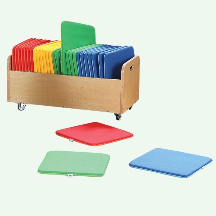 Rainbow Square Cushions and Tuf 2 Trolley Set of 32, The Rainbow Square Cushions and Tuf 2 Trolley Set of 32 contains brightly coloured soft square cushions recommended for floor seating and group placement.The Rainbow Square Cushions and Tuf 2 Trolley Set of 32 allows the placement squares to be stored away with ease when not in use. Brightly coloured soft square mats suitable for indoor and outdoor use with handy storage trolley. Set of 32 versatile mats which are suitable for indoor and outdoor use. Mats