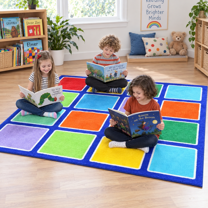 Rainbow Square Placement Carpet in use with children — natural early years lifestyle image 2