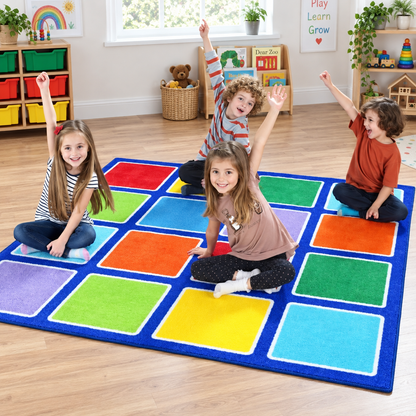 Rainbow Square Placement Carpet in use with children — natural early years lifestyle image 4