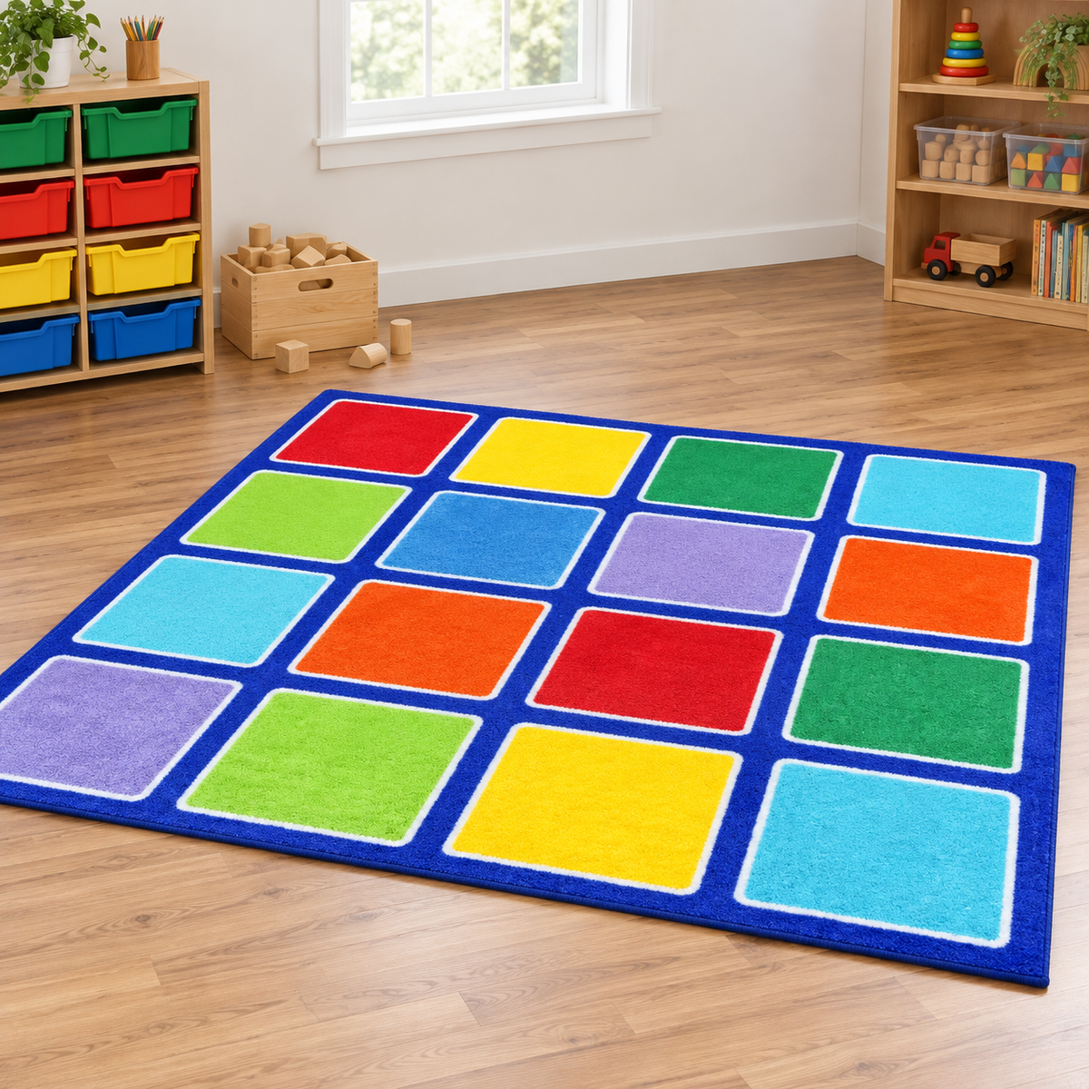 Rainbow Square Placement Carpet shown without children — natural early years lifestyle image 6