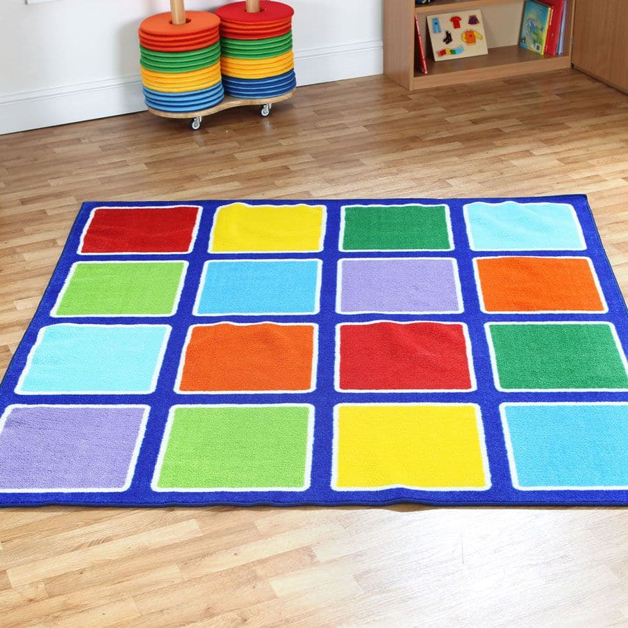Rainbow Square Placement Carpet, This highly colourful 2 x 2m Rainbow™ Square Placement Carpet is great for reading areas or just a bright addition to the classroom or nursery environment. The Rainbow™ Square Placement Carpet has block colours and will surely brighten up your classroom Distinctive and brightly coloured, child friendly designs This highly colourful 2 x 2m placement carpet is great for reading areas or just a bright addition to the classroom or nursery environment. Features 16 placement squar