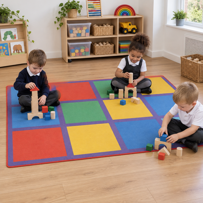 Rainbow Squares Rug in use with children — natural early years lifestyle image 2