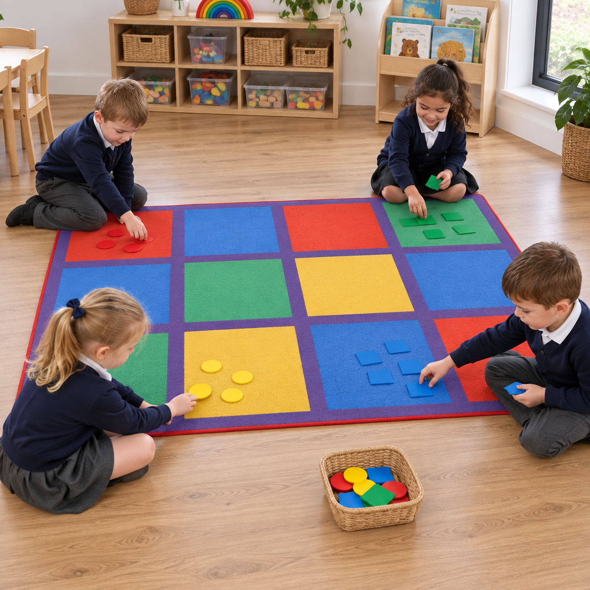 Rainbow Squares Rug in use with children — natural early years lifestyle image 3