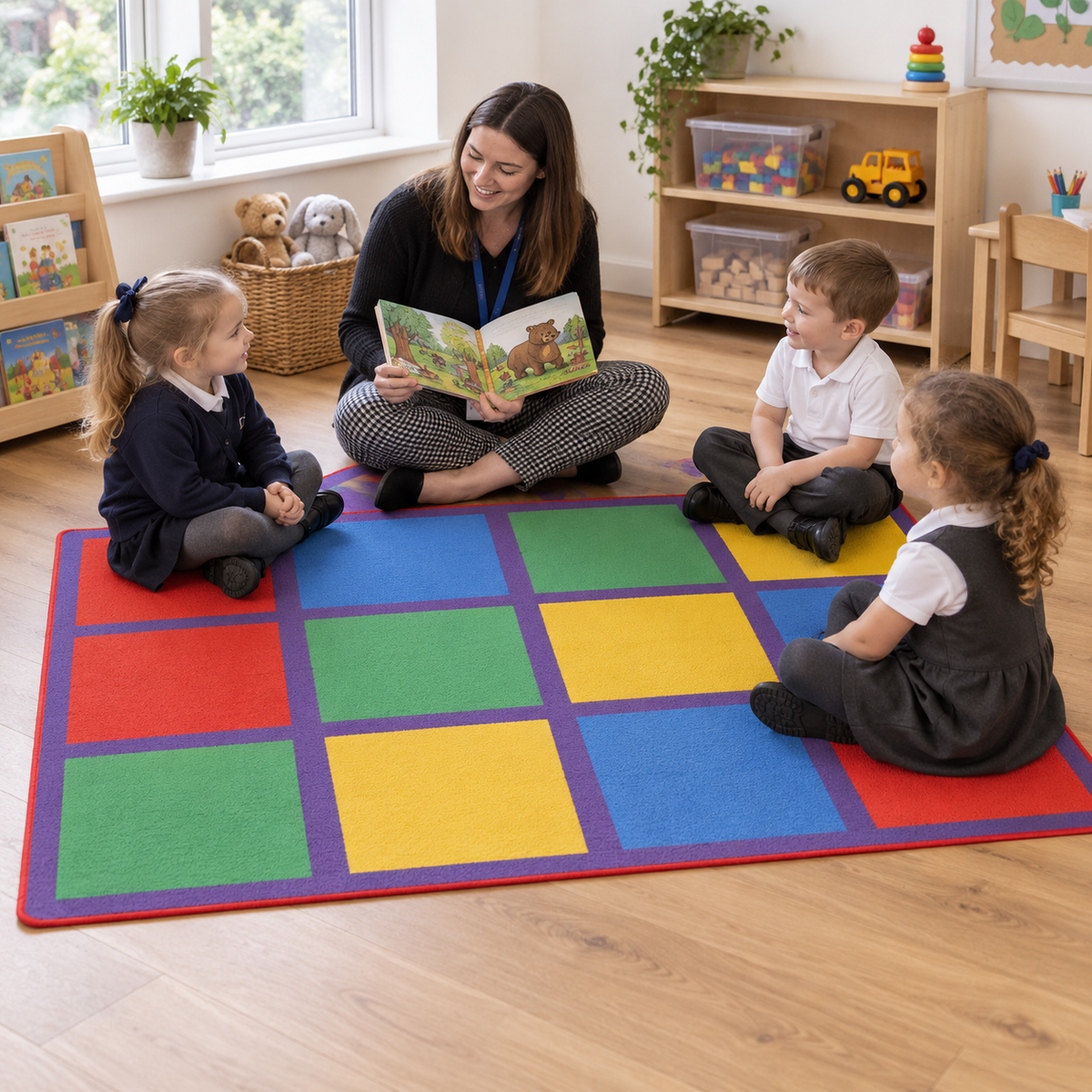 Rainbow Squares Rug in use with children — natural early years lifestyle image 4