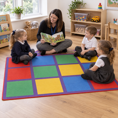 Rainbow Squares Rug in use with children — natural early years lifestyle image 4