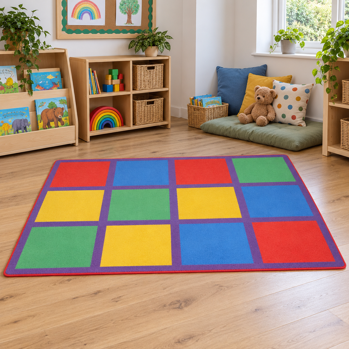Rainbow Squares Rug shown without children — natural early years lifestyle image 5