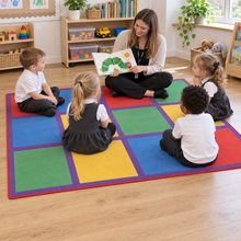 Rainbow Squares Rug in use with children — natural early years lifestyle image 1