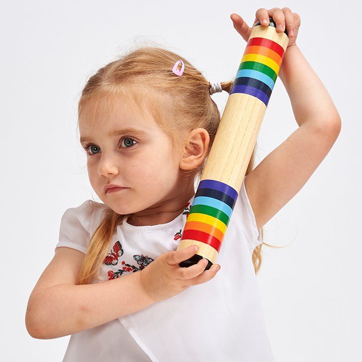 Rainbow Wooden Rainmaker, The Rainbow Wooden Rainmaker offers a blend of sensory stimulation, musical exploration, and educational benefits. Here's how its features translate into advantages for young users: Features of the Rainbow Wooden Rainmaker: Material: Made from durable, high-quality beech wood. Design: Features colourful painted rainbow stripes at both ends. Sound: Mimics the sound of falling rain when turned, rolled, or shaken. Age Range: Suitable for children aged 3 years and older. Multi-Sensory: