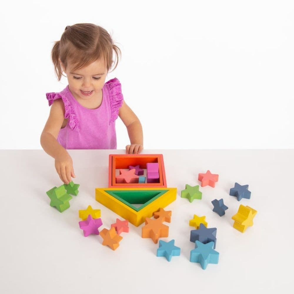 Rainbow Wooden Stars, Our TickiT® Rainbow Wooden Stars are made from beautiful beechwood with a natural woodgrain finish in the seven colours of the rainbow, and in differing sizes and thickness. These chunky wooden star pieces are perfect for children to handle and learn about colour and shape, whilst having fun learning to count, sort, stack and sequence. As your child plays they will be developing their manual dexterity and fine motor skills as well as supporting early numeracy and colour recognition. Fo