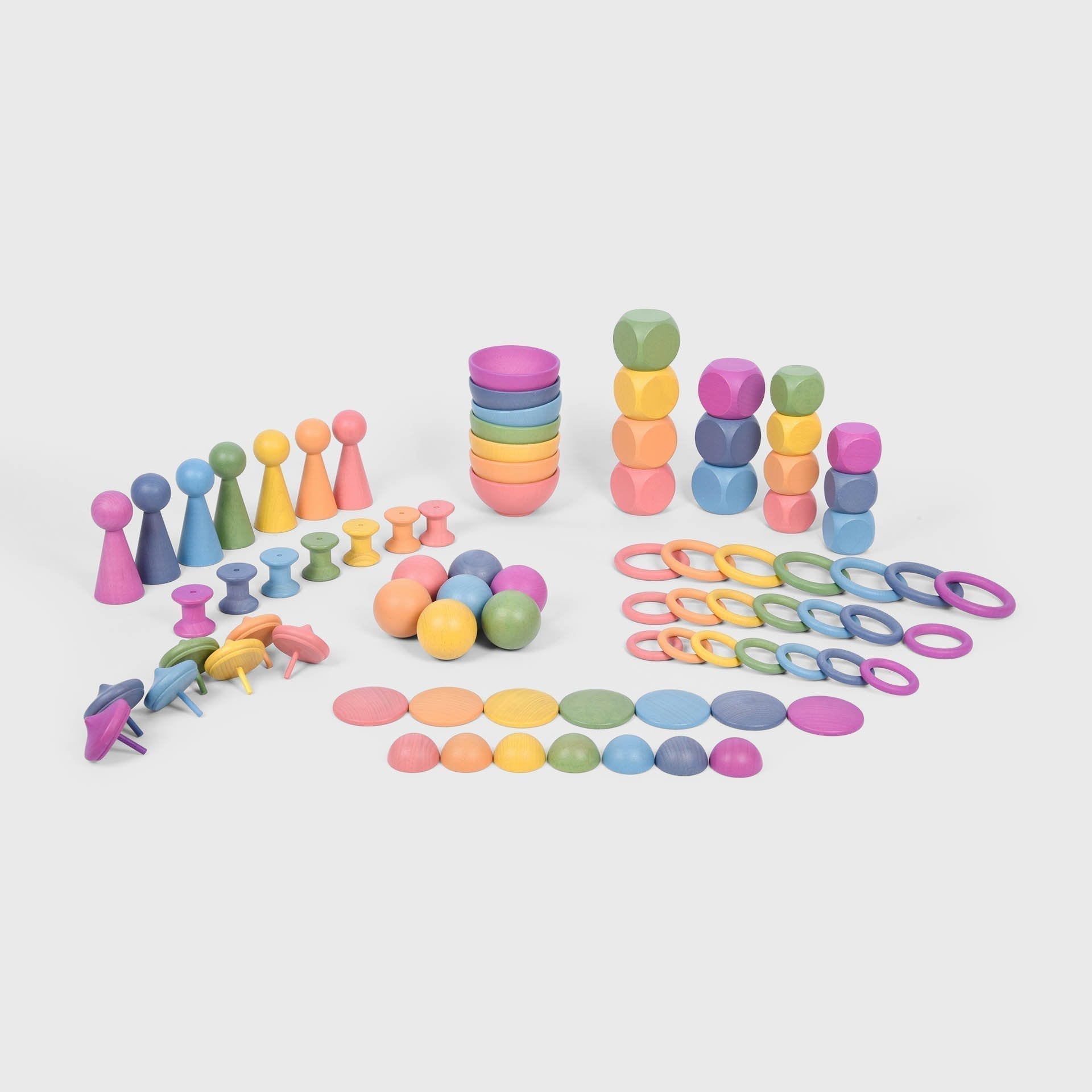Rainbow Wooden Super Set, Great value and great fun! Our TickiT® Rainbow Wooden Super Set contains beautiful smooth solid beechwood objects with a natural woodgrain finish in the seven different colours of the rainbow.This Rainbow Wooden Super Set is perfect for your child to use their imagination during creative play, build on construction skills, improve counting, sorting, stacking and sequencing skills and learn about colour and pattern-making. Combine with other sets in the TickiT® Rainbow Wooden range 