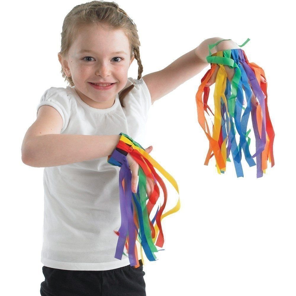 Rainbow Wristband Ribbons, Introducing our vibrant and lively Rainbow Wrist Ribbons! Designed with fun and learning in mind, these colourful ribbon strips will add a touch of excitement to any dance or exercise routine. Measuring 20cm in length, our Ribbon Wristbands are conveniently attached to an elasticated wrist band for easy and secure wear. This allows for smooth and graceful movement without the worry of getting tangled or caught.Perfect for dancing games and exercise, our Rainbow Wrist Ribbons are a