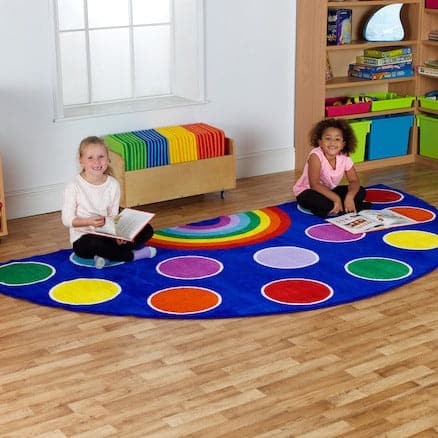 Rainbow™ Large Semi-Circle Placement Carpet, The Rainbow Large Semi-Circle Placement Carpet is ideal for reading areas or just a bright addition to the classroom environment. The Rainbow Large Semi-Circle Placement Carpet is crease and abrasion resistant with special anti-slip safety backing, this carpet meets all relevant safety standards. The Rainbow Large Semi-Circle Placement Carpet features 24 placement spots and 1 for the teacher. Great for reading areas or just a bright addition to the classroom envi