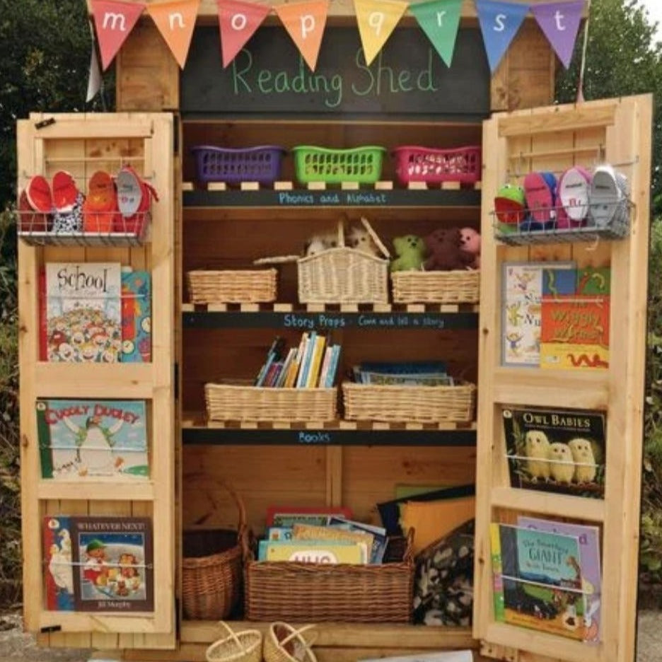 Reading Shed, This Reading Shed will store a wide range of resources to create an exciting and engaging outdoor learning environment. This Reading Shed can be configured with shelves spaced for books or baskets of books, storage space for cushions and beanbags and the capacity to store story props and phonics resources.The Reading Shed also allows you to hang bunting and washing lines for sequencing stories as well as blackboard painted doors for storytelling. The Reading Shed can be decorated to the imagin