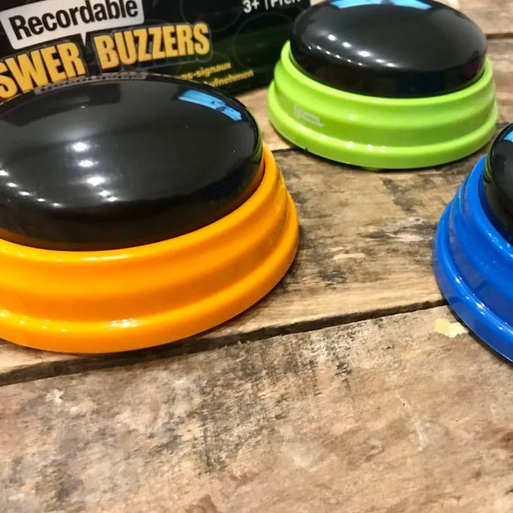 Recordable Answer Buzzers Set of 4, Use the Recordable Answer Buzzers to record voices, music, sounds and use as a buzzer - livens up any game. These four different coloured Recordable Answer Buzzers can be used to give a unique sound to each person. Each Recordable Answer Buzzer measures 9 cm and are great for games that require a speedy response, although there is just as much fun to be had in making the recording. "Game-show" answer buzzers turn any lesson into a game Recordable Answer Buzzers Set of 4 I