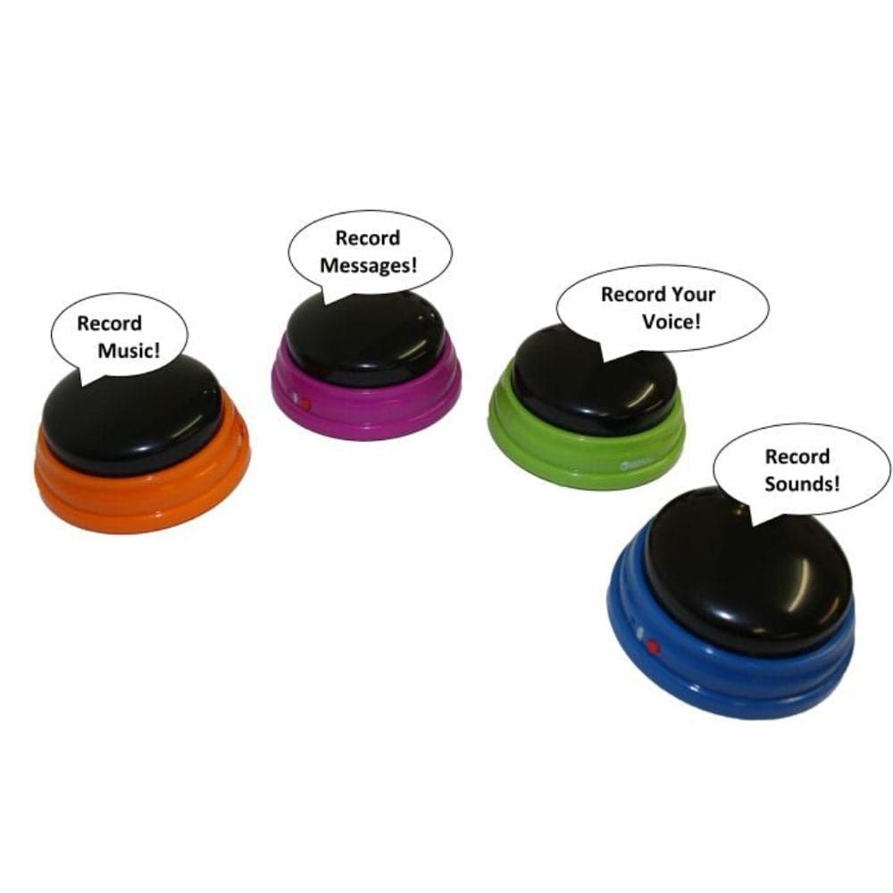 Recordable Answer Buzzers Set of 4, Use the Recordable Answer Buzzers to record voices, music, sounds and use as a buzzer - livens up any game. These four different coloured Recordable Answer Buzzers can be used to give a unique sound to each person. Each Recordable Answer Buzzer measures 9 cm and are great for games that require a speedy response, although there is just as much fun to be had in making the recording. "Game-show" answer buzzers turn any lesson into a game Recordable Answer Buzzers Set of 4 I