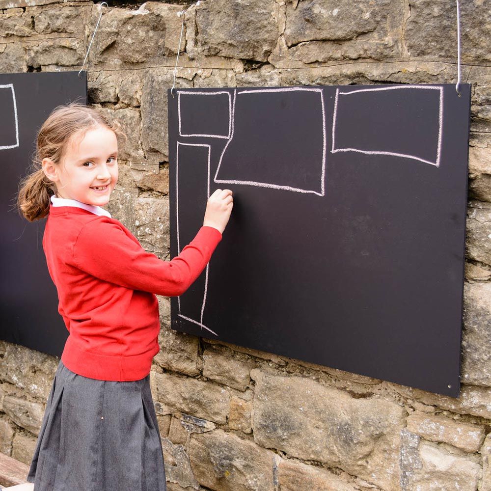 Rectangular Chalkboard, The Rectangular Chalkboards are coated in several layers of high quality chalkboard paint giving it that authentic matte finish. Usable with chalks and chalk pens (not included). These Rectangular Chalkboards can be fixed to the wall, using the pre-drilled holes, enabling desired position. Suitable for Indoor/outdoor use. Create themed/zoned/role play areas, explore Maths or Literacy outdoors, create signs around your outdoor area, create signs inside around the school building or wr