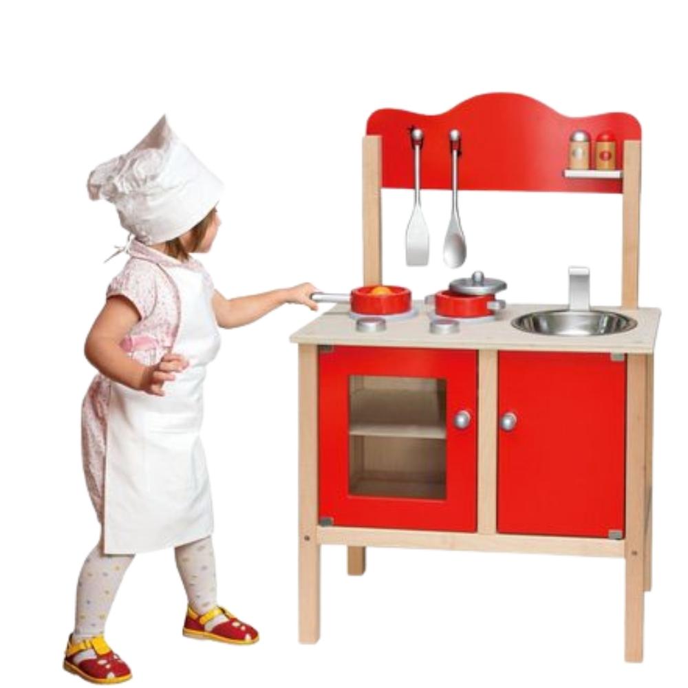 Red Wooden Kitchen Station, Inspire budding young chefs with the colourful Red Wooden Kitchen Station. This lifelike Red Wooden Kitchen Station features four hobs with dials, a sink with taps and an oven with shelf and a cupboard with plenty of room to keep all of your play food and utensils! Mini chefs will be cooking up a storm in no time. Perfect for any aspiring young chef, this gorgeous wooden kitchen will provide hours of fun. It comes with a set of accessories including a saucepan and lid, frying pan